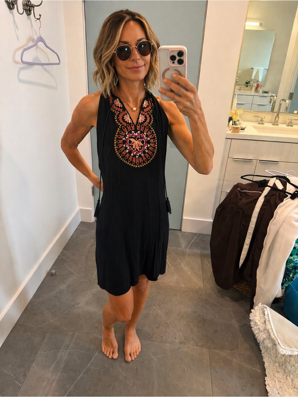 THML Black Halter Mini Dress with Multicolor Embroidery